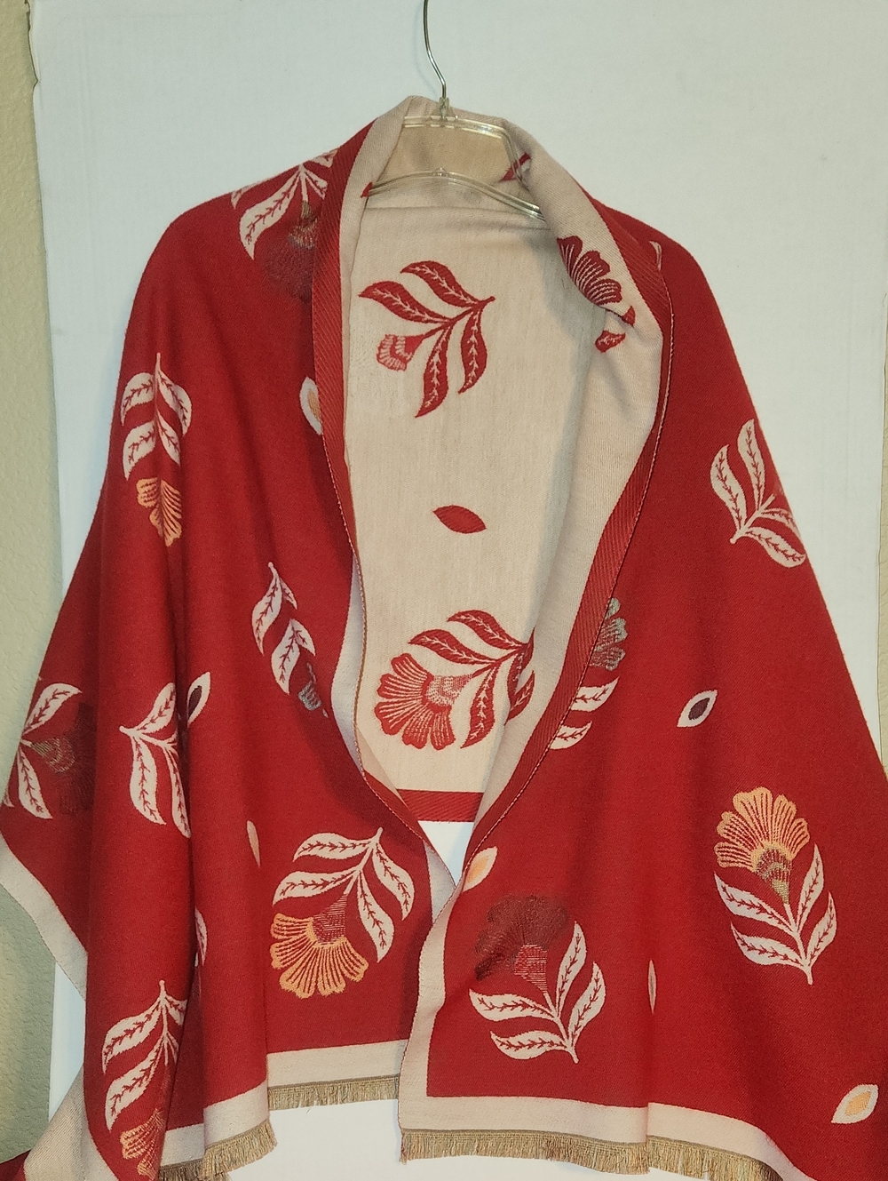 Red Floral Reversible Shawl Poncho with Cream Accents